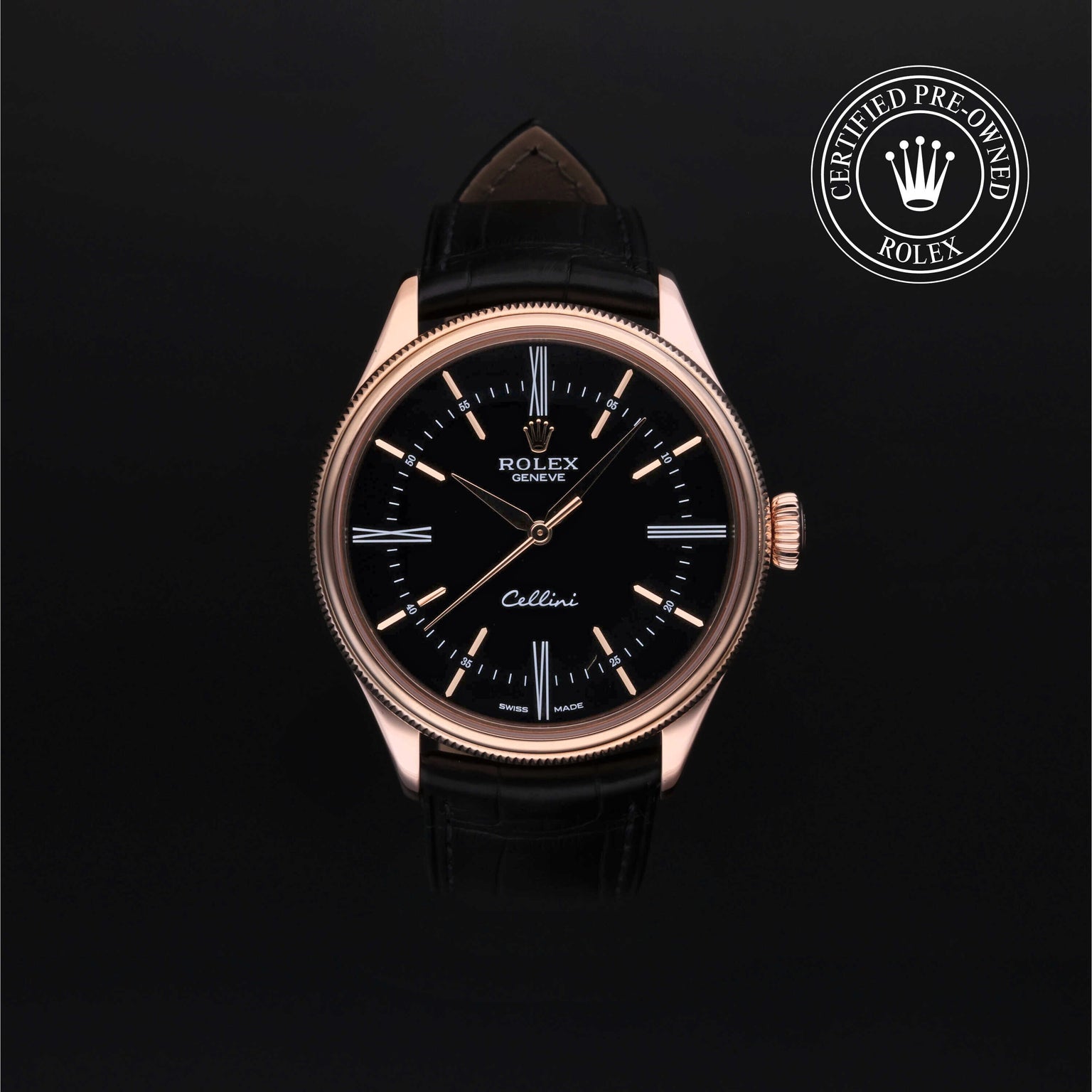 Rolex Certified Pre-owned Cellini M50505-0005 front on black background