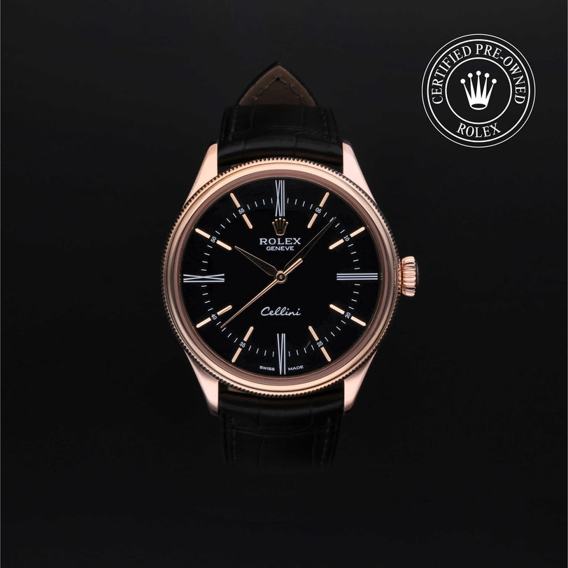 Rolex Certified Pre-owned Cellini M50505-0005 front on black background