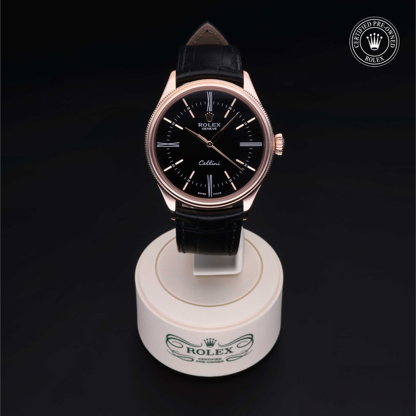 Rolex Certified Pre-owned Cellini M50505-0005 front on black background