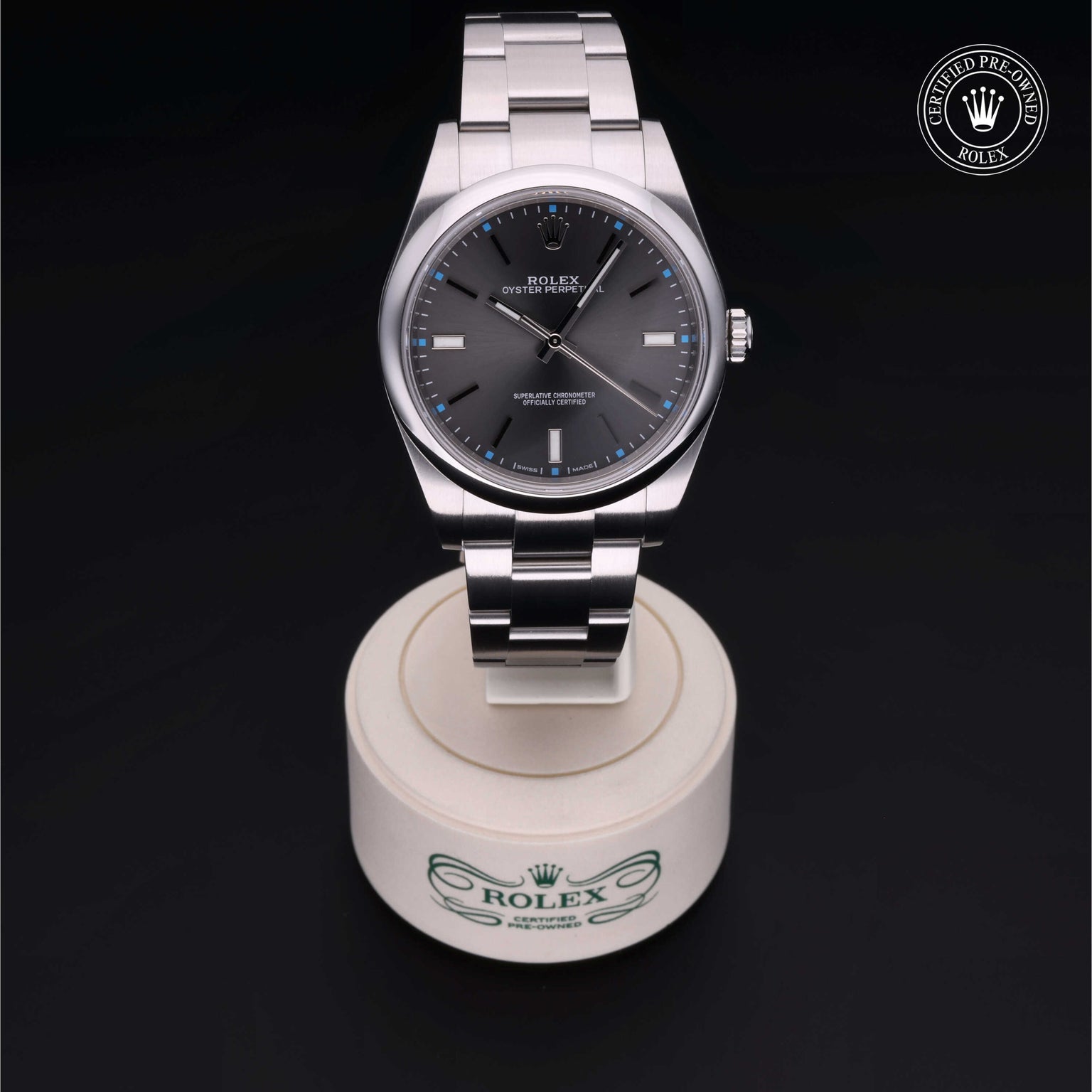 Rolex Certified Pre-owned Oyster Perpetual M114300-0001 front on black background