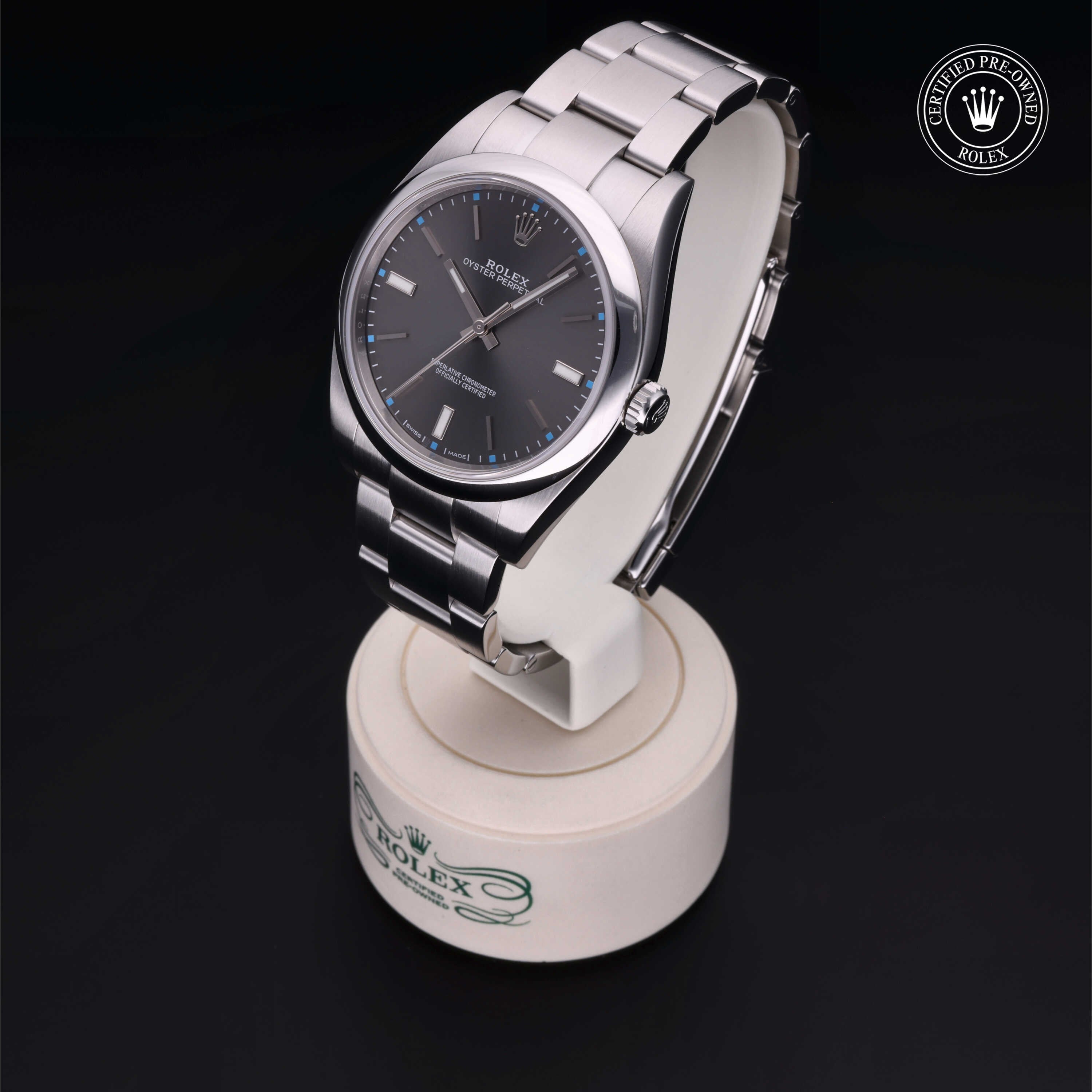 Rolex Certified Pre-owned Oyster Perpetual M114300-0001 front on black background
