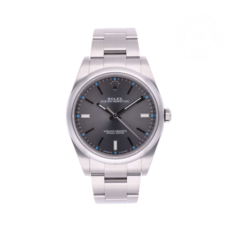 Rolex Certified Pre-owned Oyster Perpetual M114300-0001 front on white background