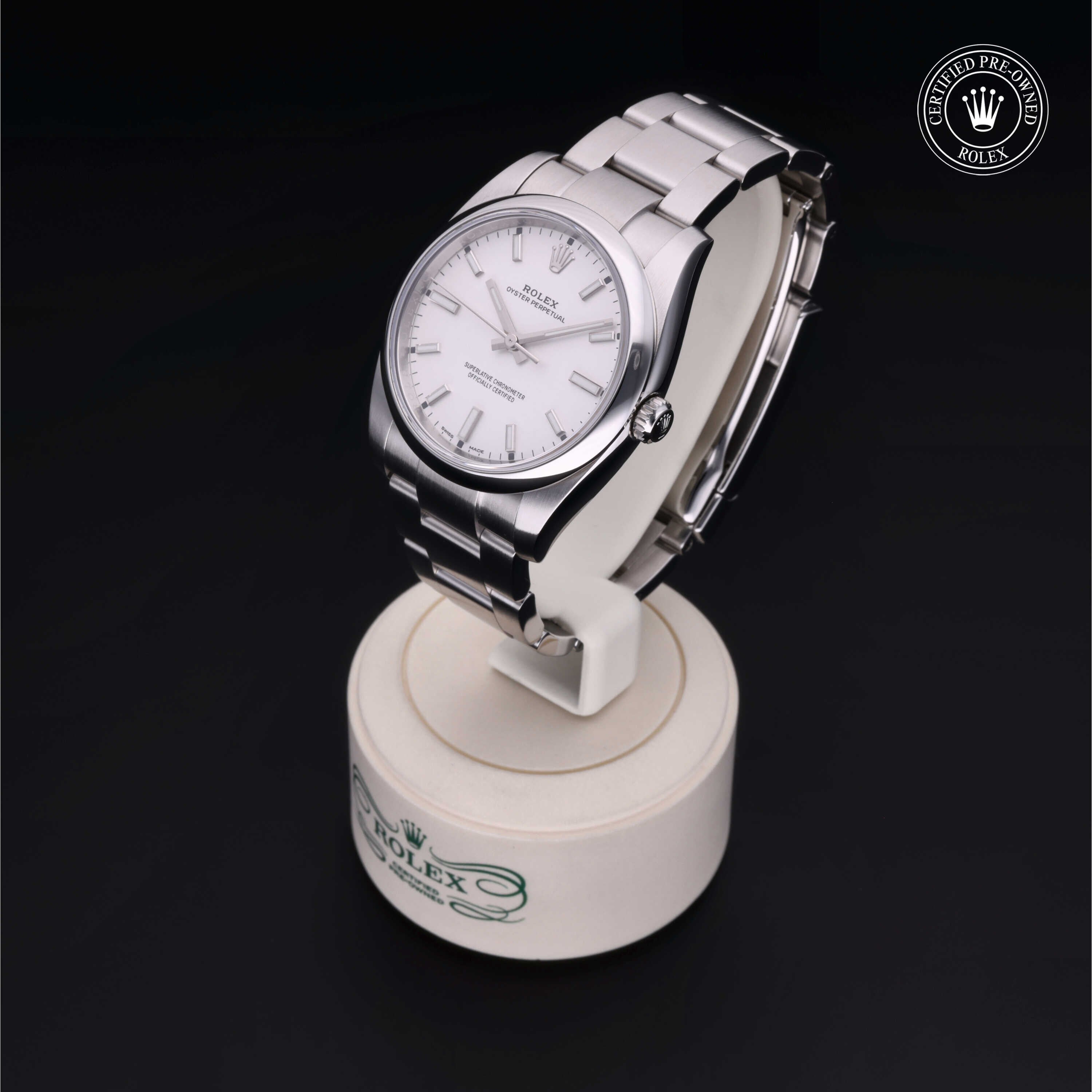 Rolex Certified Pre-owned Oyster Perpetual M114200-0024 front on black background