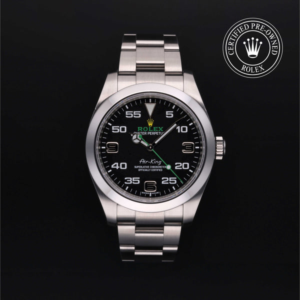 Rolex Certified Pre-owned Air-King M116900-0001 front on black background