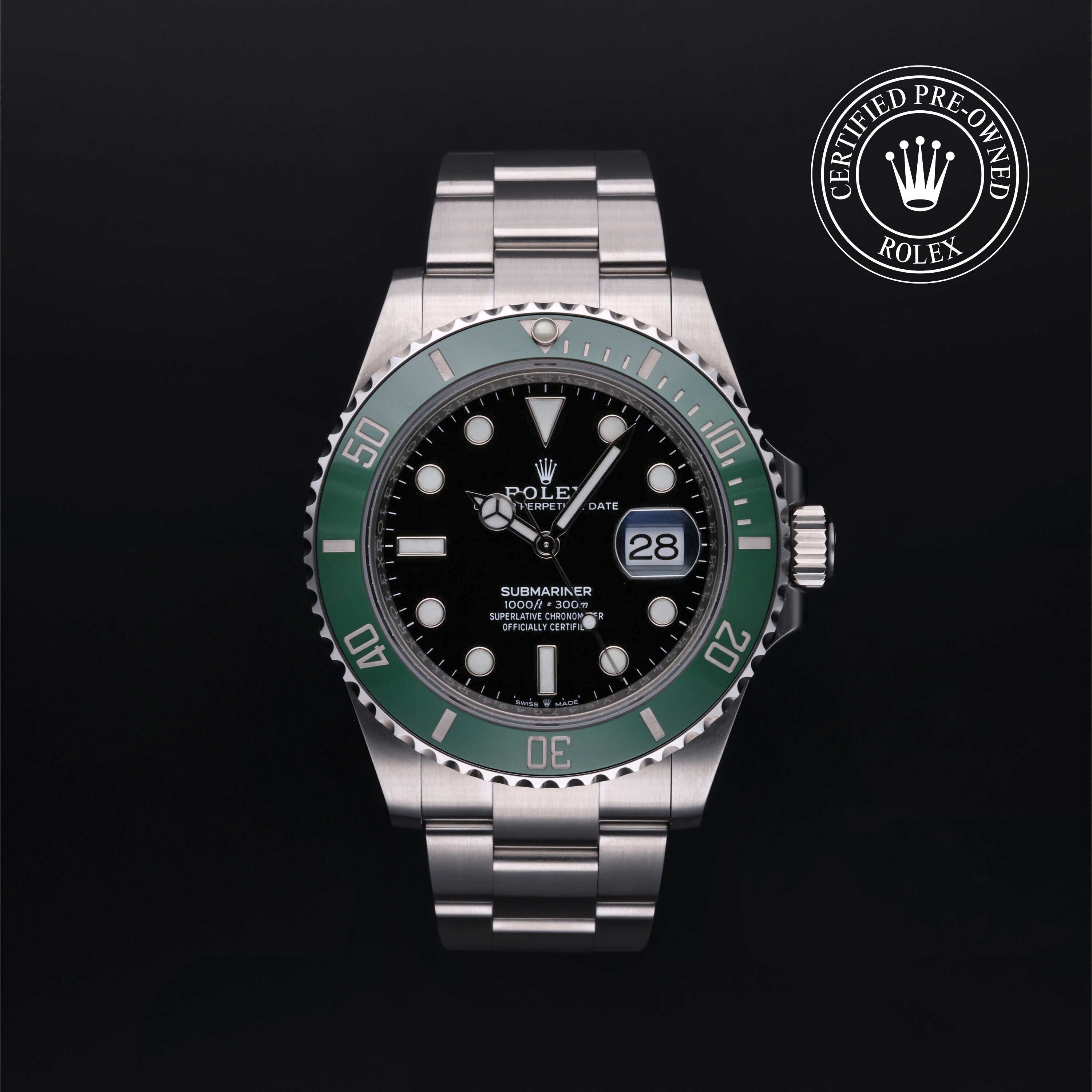 Rolex Certified Pre-owned Submariner M126610LV-0002 front on black background