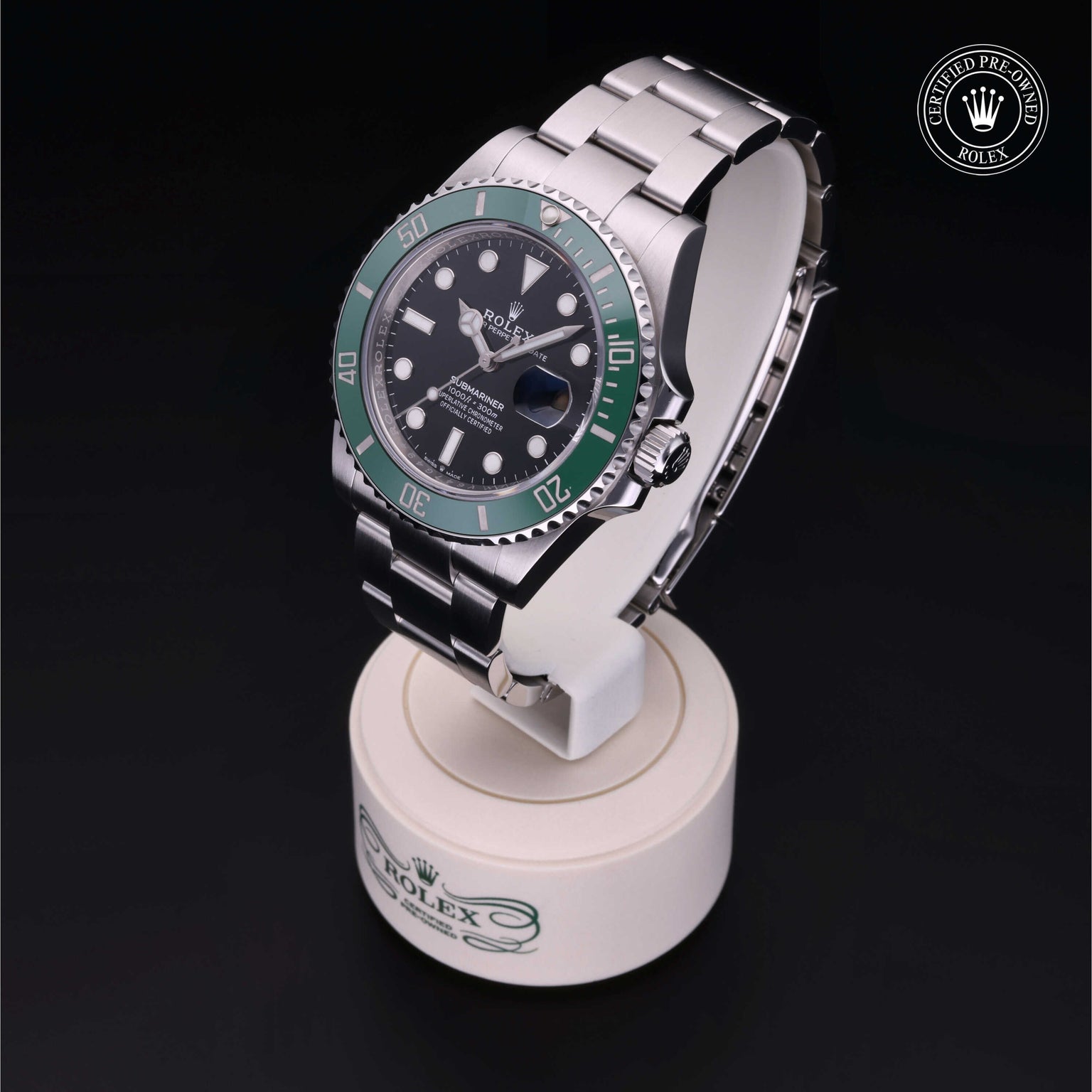 Rolex Certified Pre-owned Submariner M126610LV-0002 front on black background