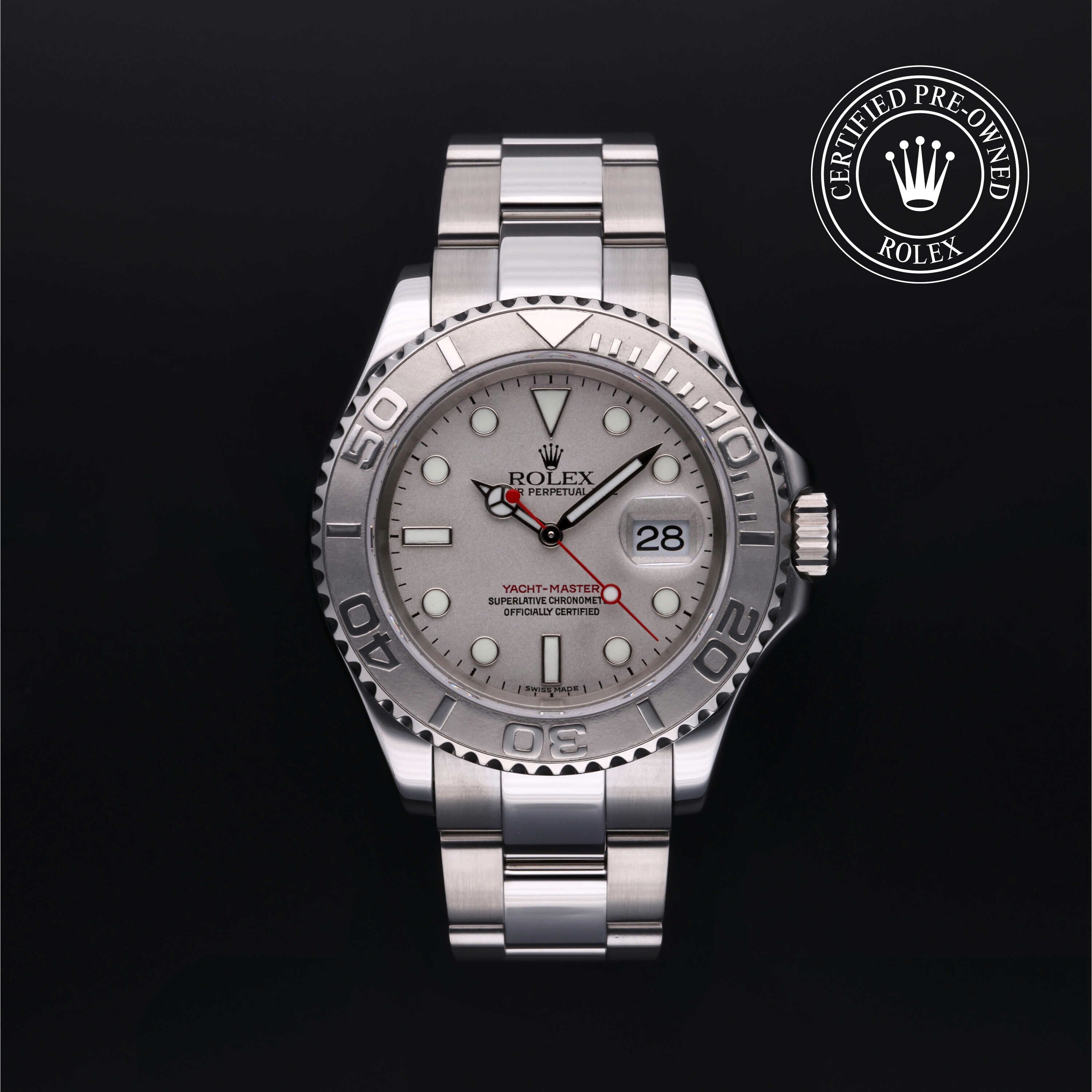 Rolex Certified Pre-owned Yacht-Master M16622-0004 front on black background