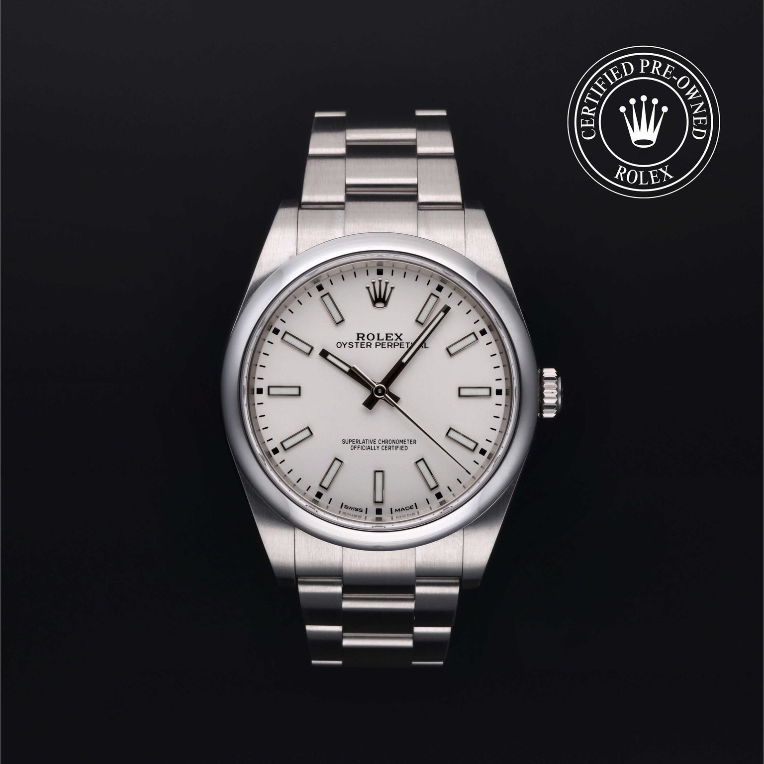 Rolex Certified Pre-owned Oyster Perpetual M114300-0004 front on black background