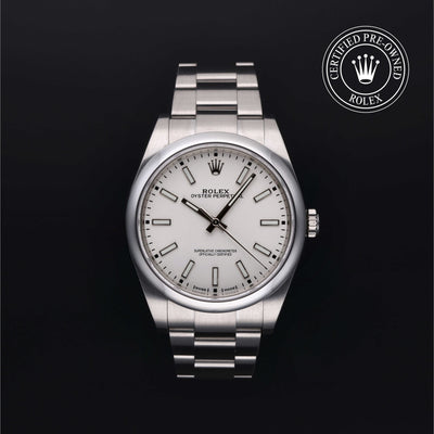 Rolex Certified Pre-owned Oyster Perpetual M114300-0004 front on black background