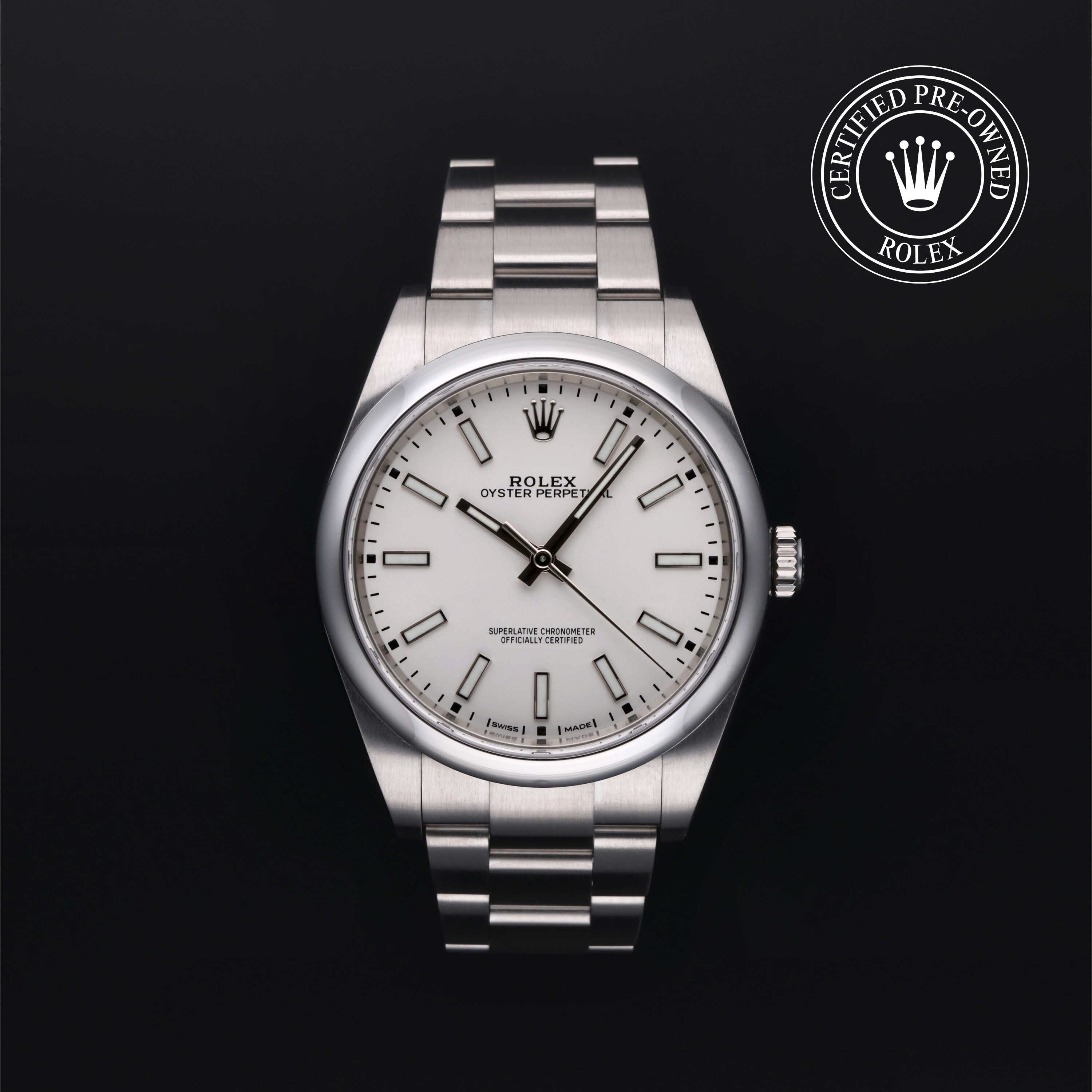 Rolex Certified Pre-owned Oyster Perpetual M114300-0004 front on black background