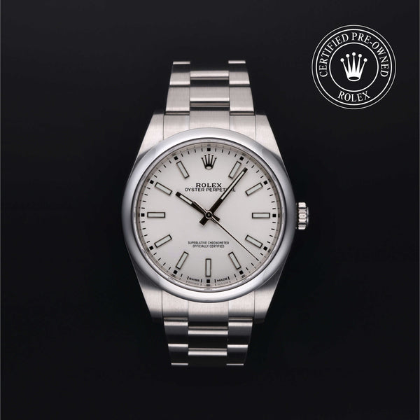 Rolex Certified Pre-owned Oyster Perpetual M114300-0004 front on black background