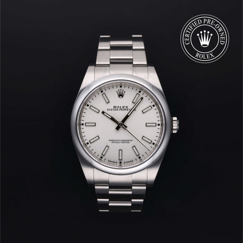 Rolex Certified Pre-owned Oyster Perpetual M114300-0004 front on black background