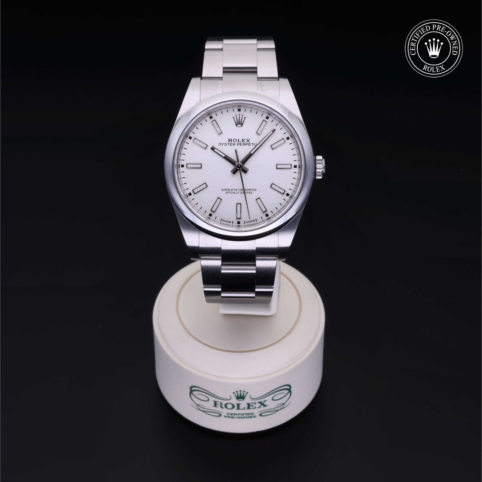 Rolex Certified Pre-owned Oyster Perpetual M114300-0004 front on black background