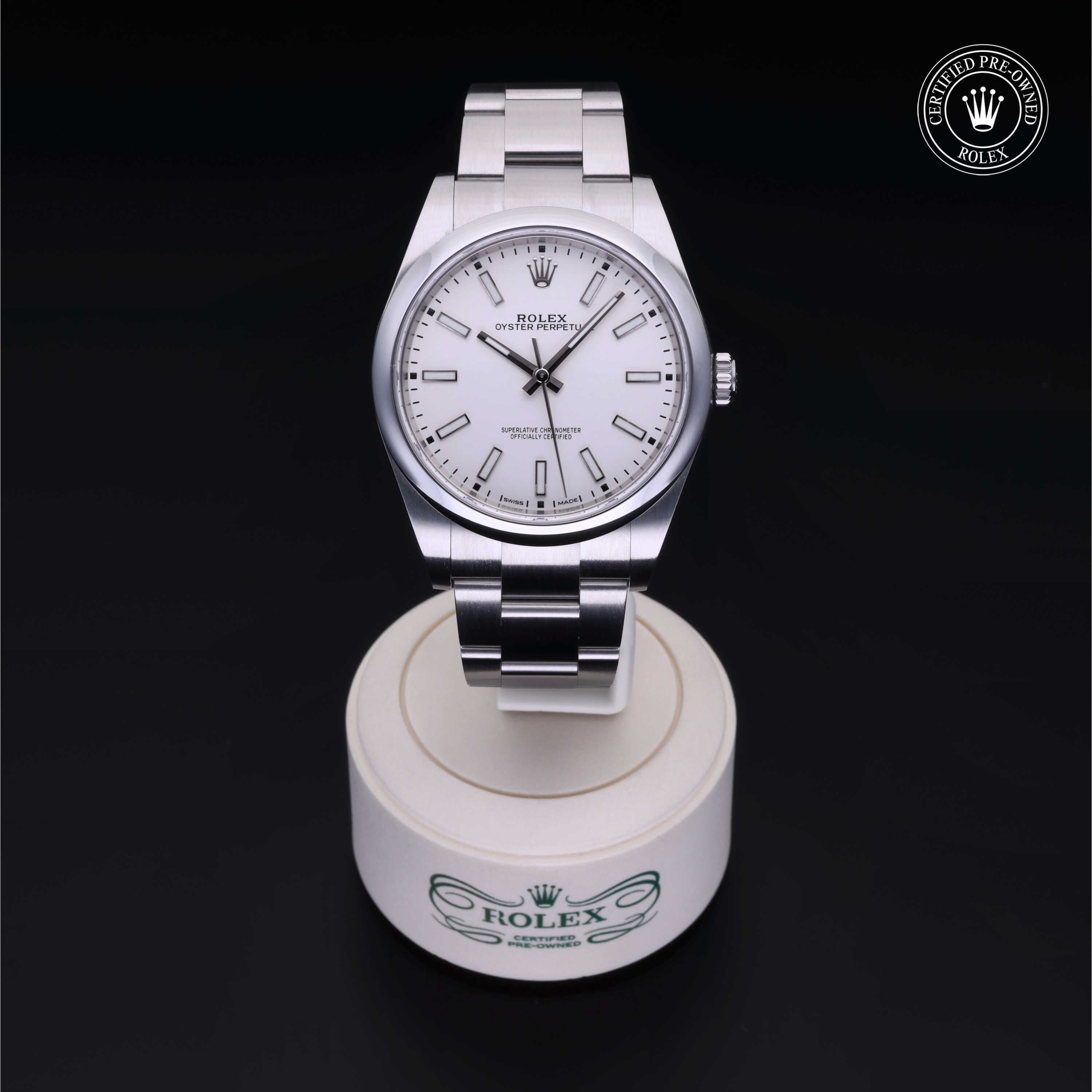 Rolex Certified Pre-owned Oyster Perpetual M114300-0004 front on black background