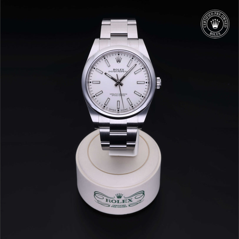 Rolex Certified Pre-owned Oyster Perpetual M114300-0004 front on black background