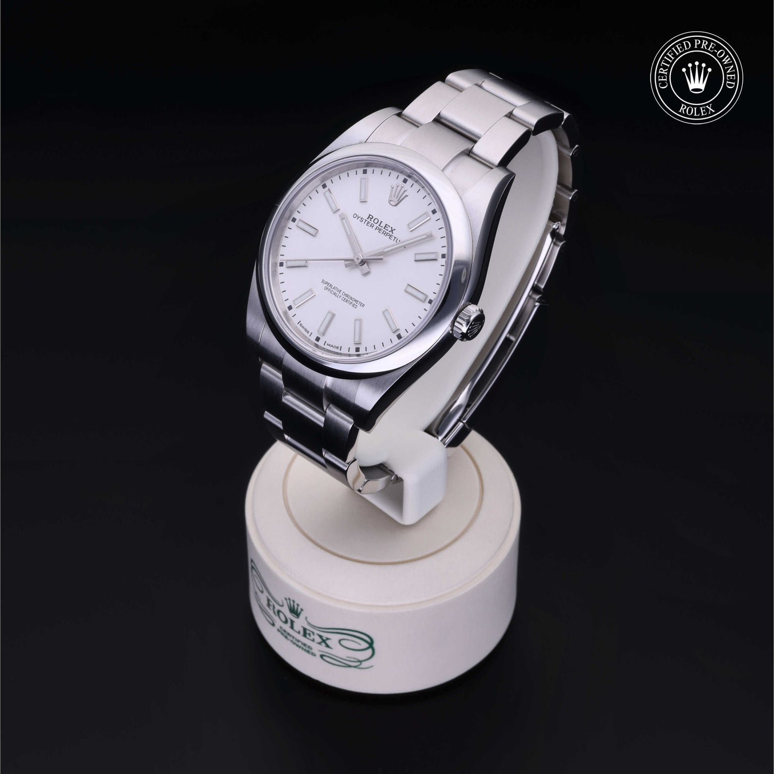 Rolex Certified Pre-owned Oyster Perpetual M114300-0004 front on black background