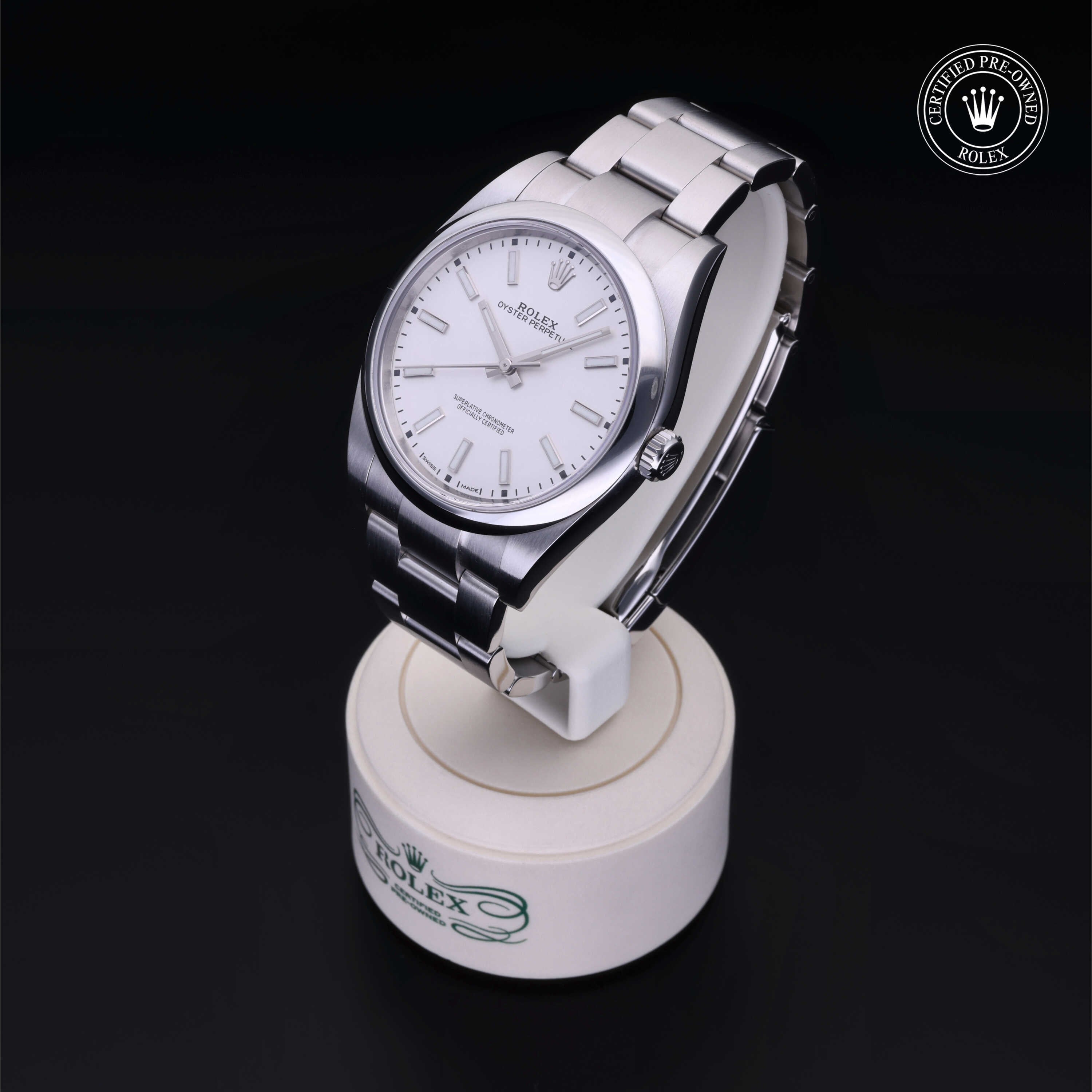 Rolex Certified Pre-owned Oyster Perpetual M114300-0004 front on black background