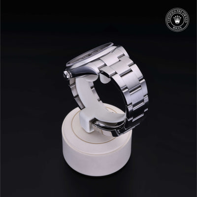 Rolex Certified Pre-owned Oyster Perpetual M114300-0004 front on black background