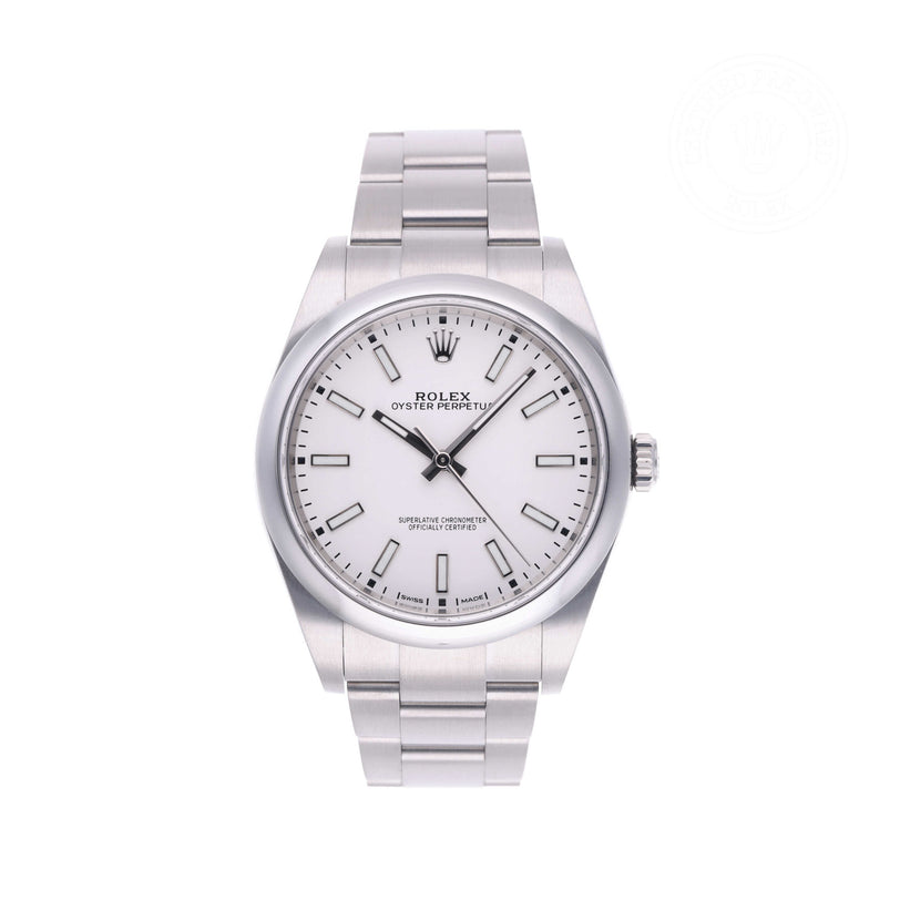 Rolex Certified Pre-owned Oyster Perpetual M114300-0004 front on white background