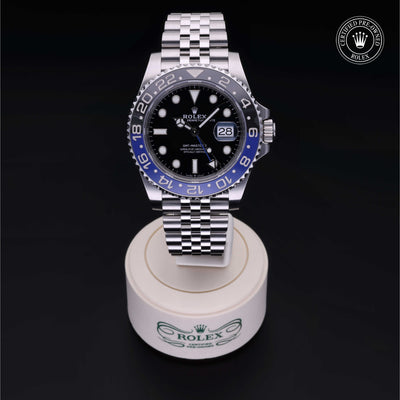 Rolex Certified Pre-owned GMT M126710BLNR-0002 front on black background