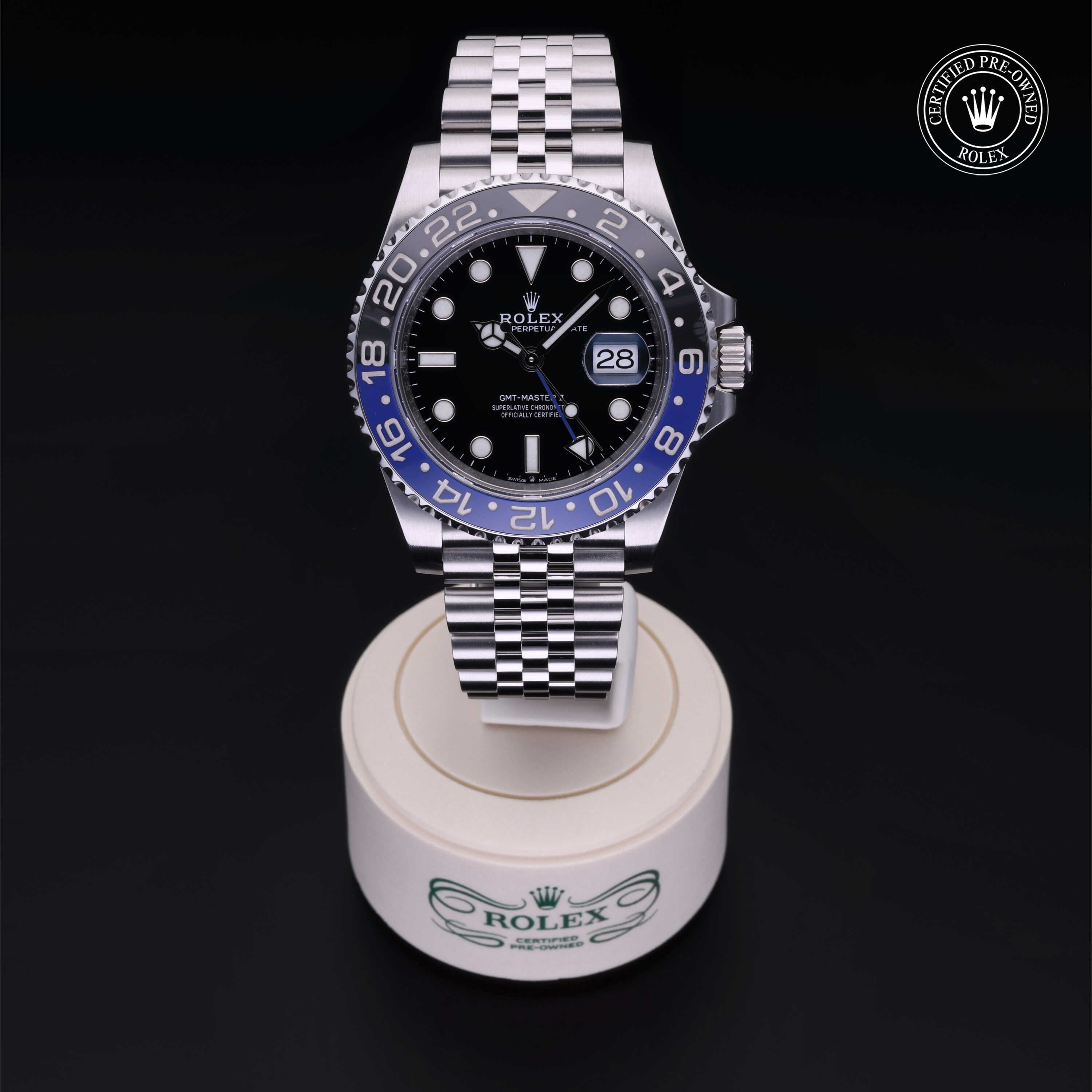 Rolex Certified Pre-owned GMT M126710BLNR-0002 front on black background