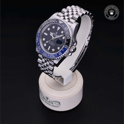 Rolex Certified Pre-owned GMT M126710BLNR-0002 front on black background