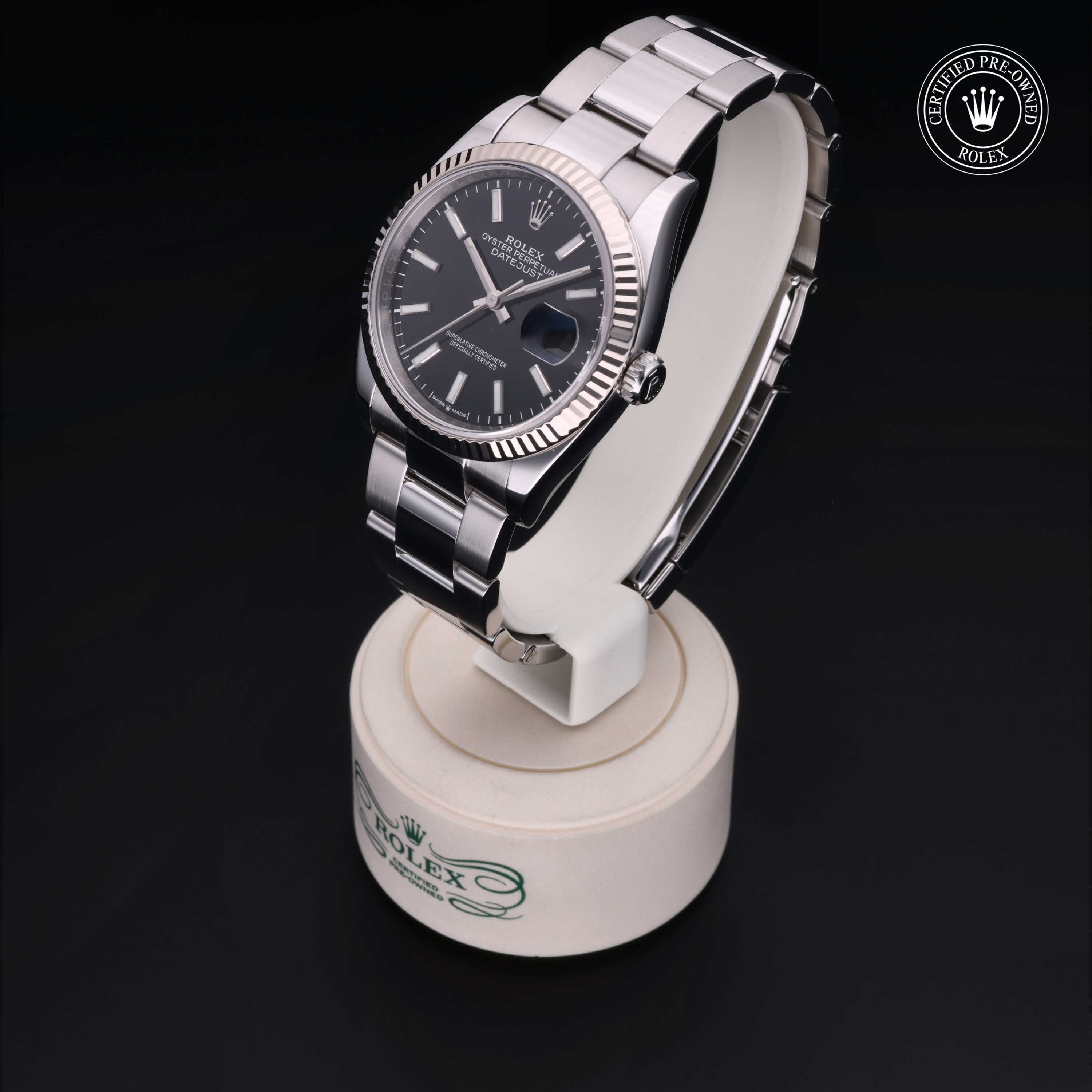 Rolex Certified Pre-owned Datejust M126234-0016 front on black background