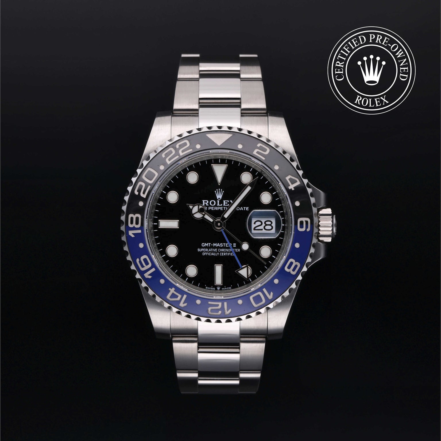 Rolex Certified Pre-owned GMT M126710BLNR-0003 front on black background