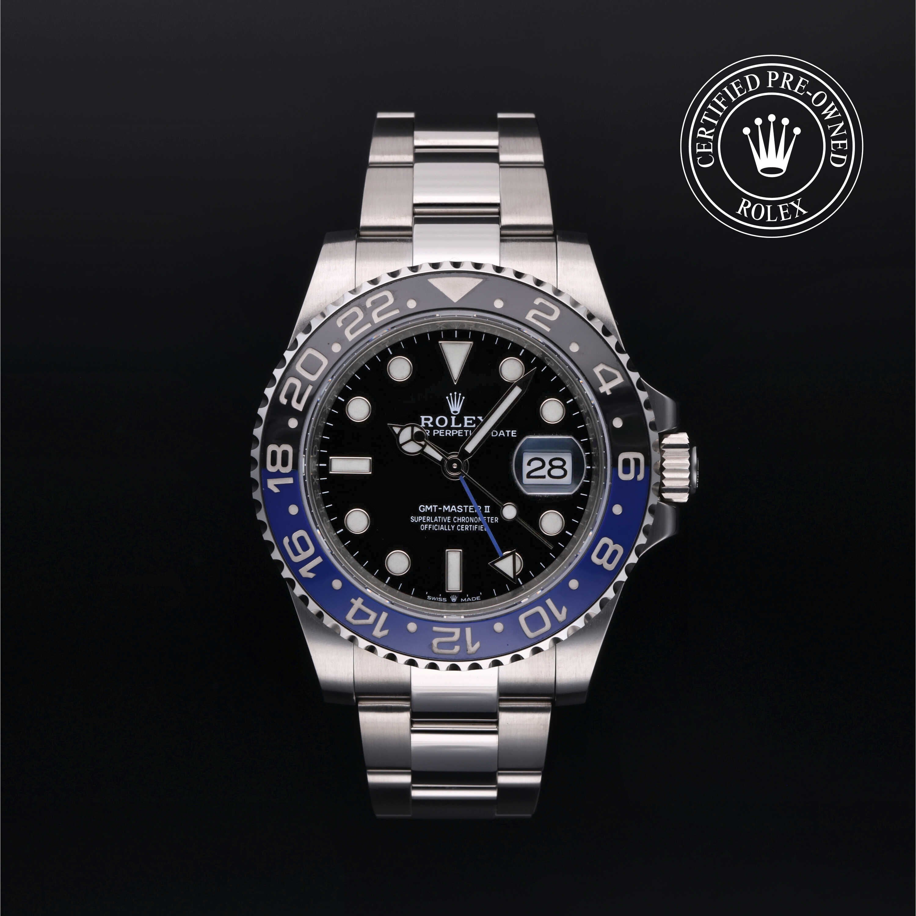 Rolex Certified Pre-owned GMT M126710BLNR-0003 front on black background