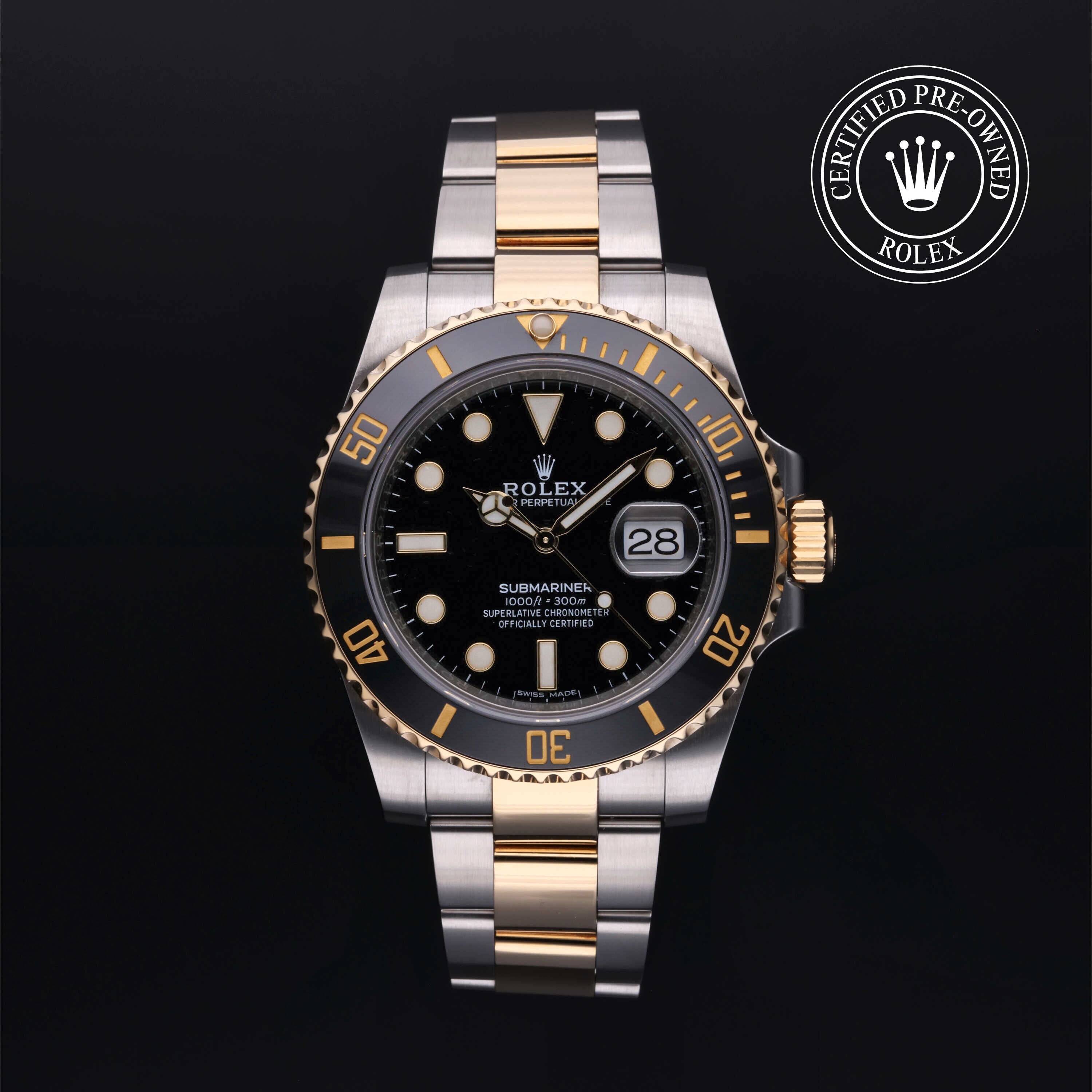 Rolex Certified Pre-owned Submariner Date M116613LN-0001 front on black background