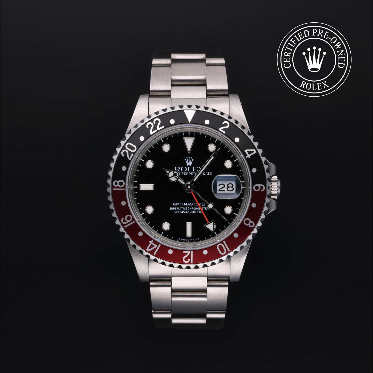 Rolex Certified Pre-owned GMT II M16710-0009 front on black background