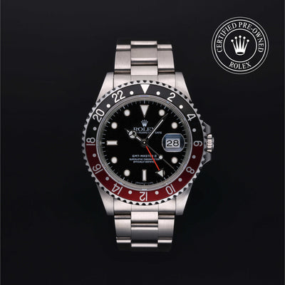 Rolex Certified Pre-owned GMT II M16710-0009 front on black background