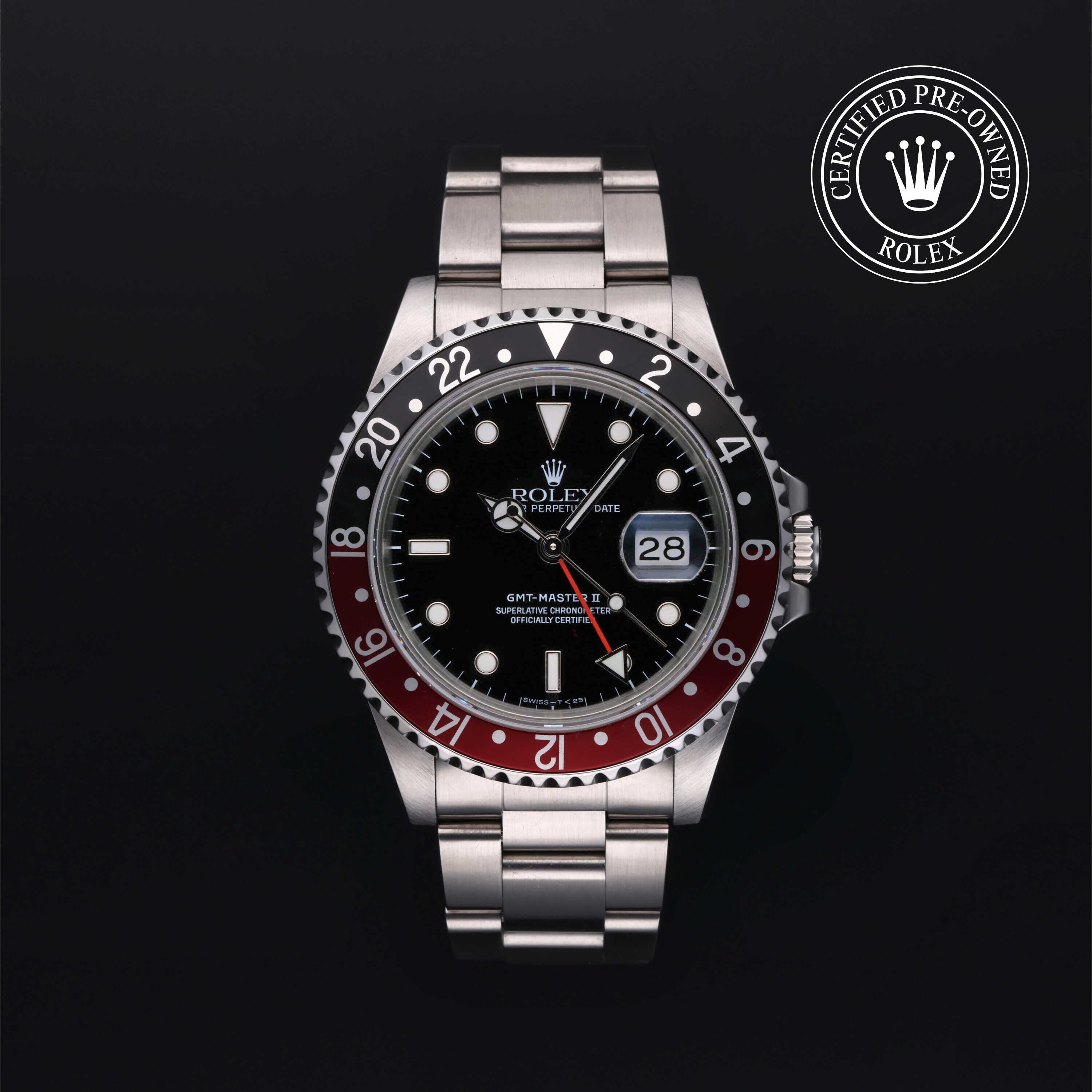 Rolex Certified Pre-owned GMT II M16710-0009 front on black background