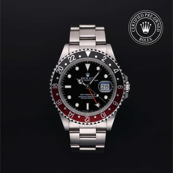 Rolex Certified Pre-owned GMT II M16710-0009 front on black background