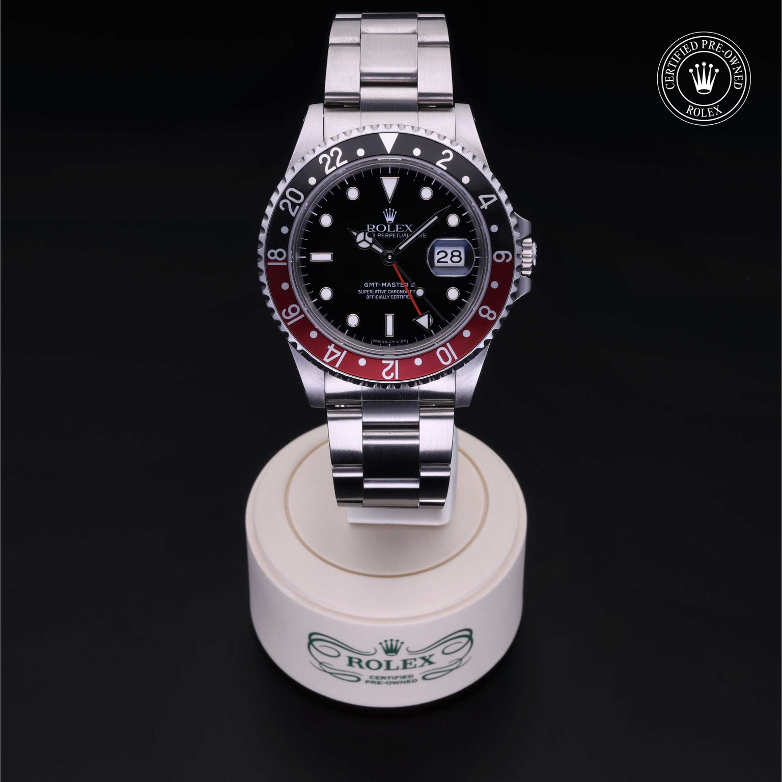 Rolex Certified Pre-owned GMT II M16710-0009 front on black background
