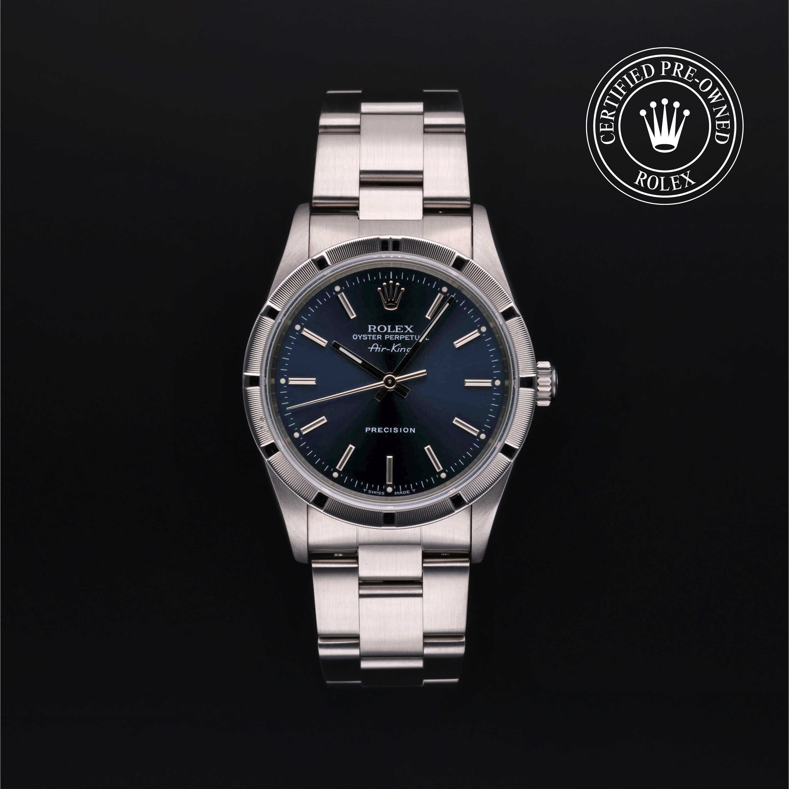 Rolex Certified Pre-owned Air-King M14010-0003 front on black background