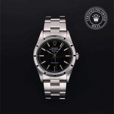 Rolex Certified Pre-owned Air-King M14010M-0012 front on black background