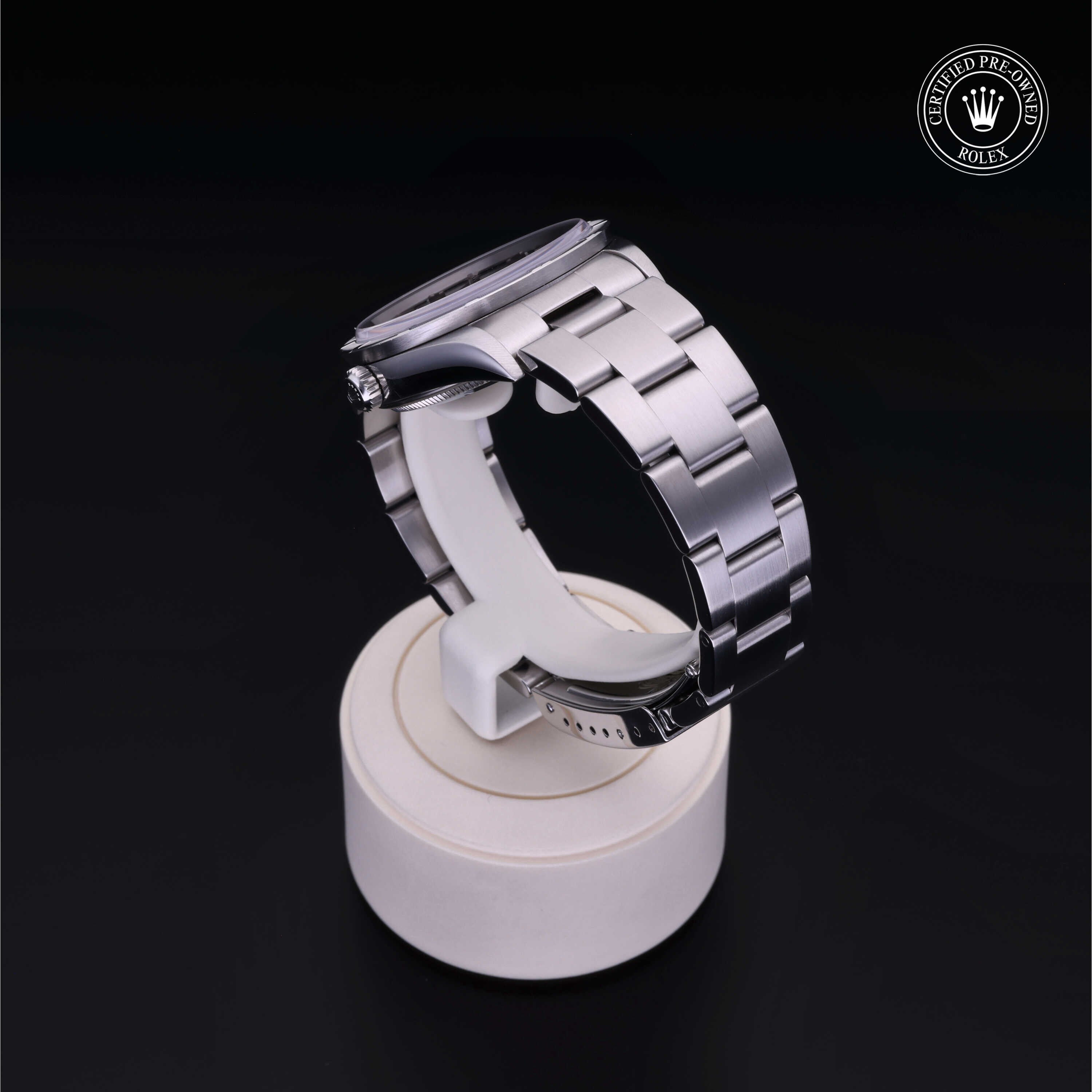 Rolex Certified Pre-owned Air-King M14010M-0012 front on black background