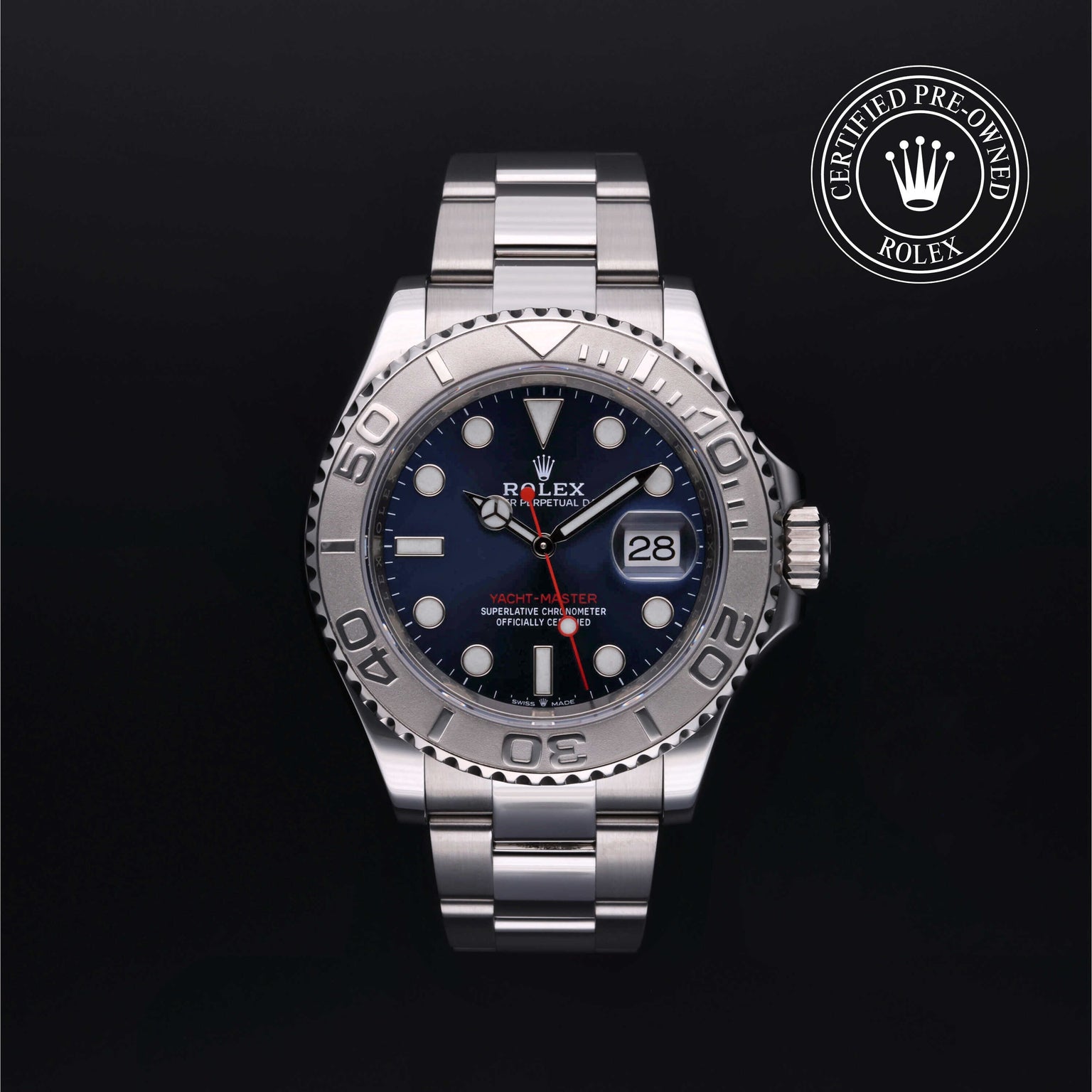 Rolex Certified Pre-owned Yacht-Master M126622-0002 front on black background