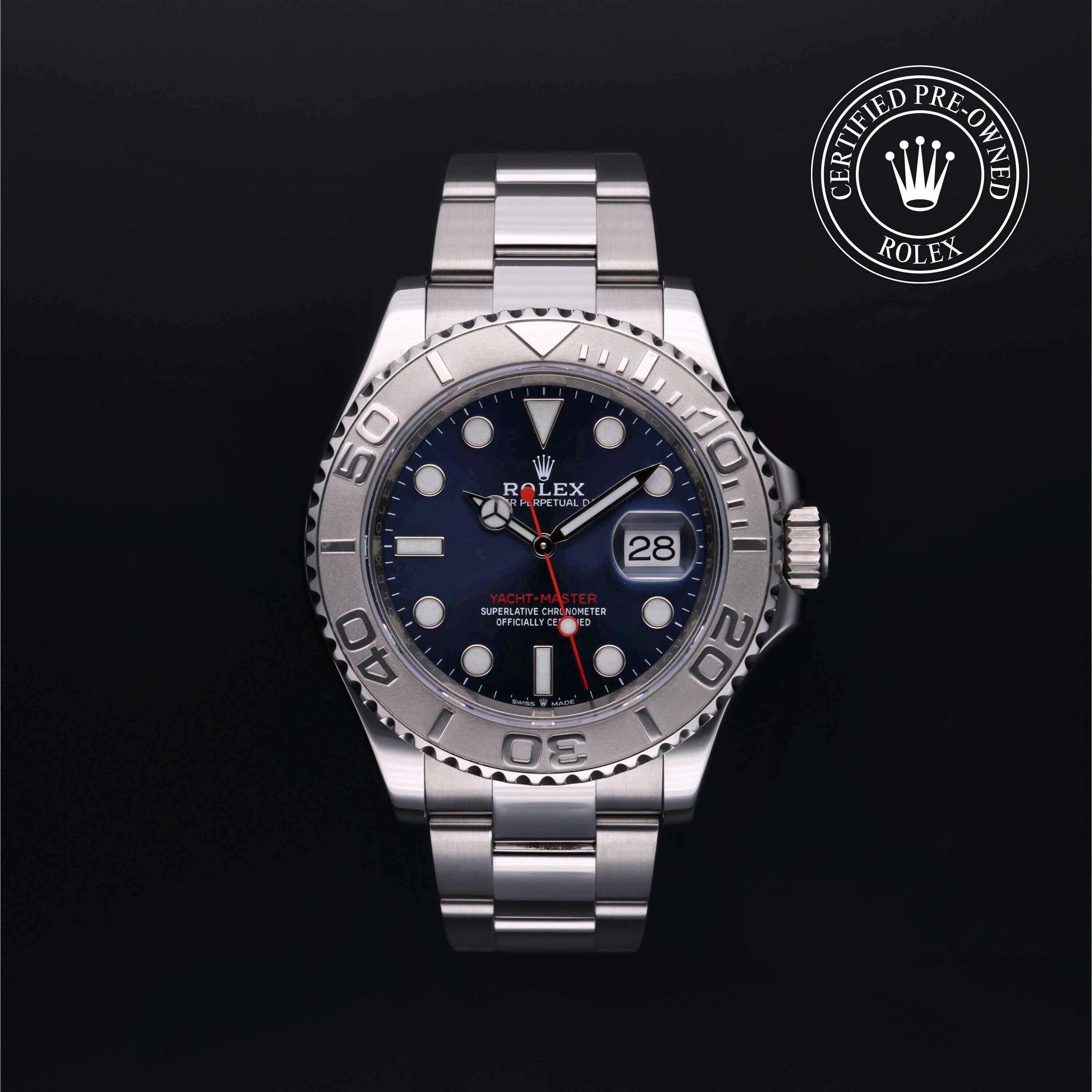 Rolex Certified Pre-owned Yacht-Master M126622-0002 front on black background