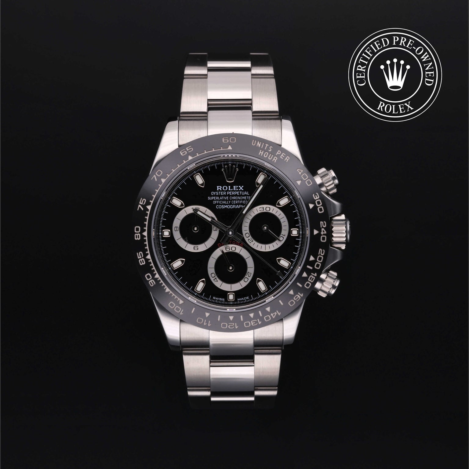 Rolex Certified Pre-owned Daytona M116500LN-0002 front on black background