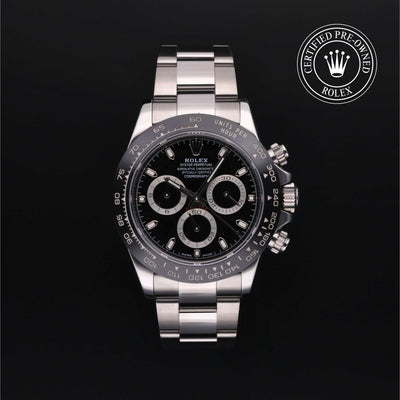 Rolex Certified Pre-owned Daytona M116500LN-0002 front on black background