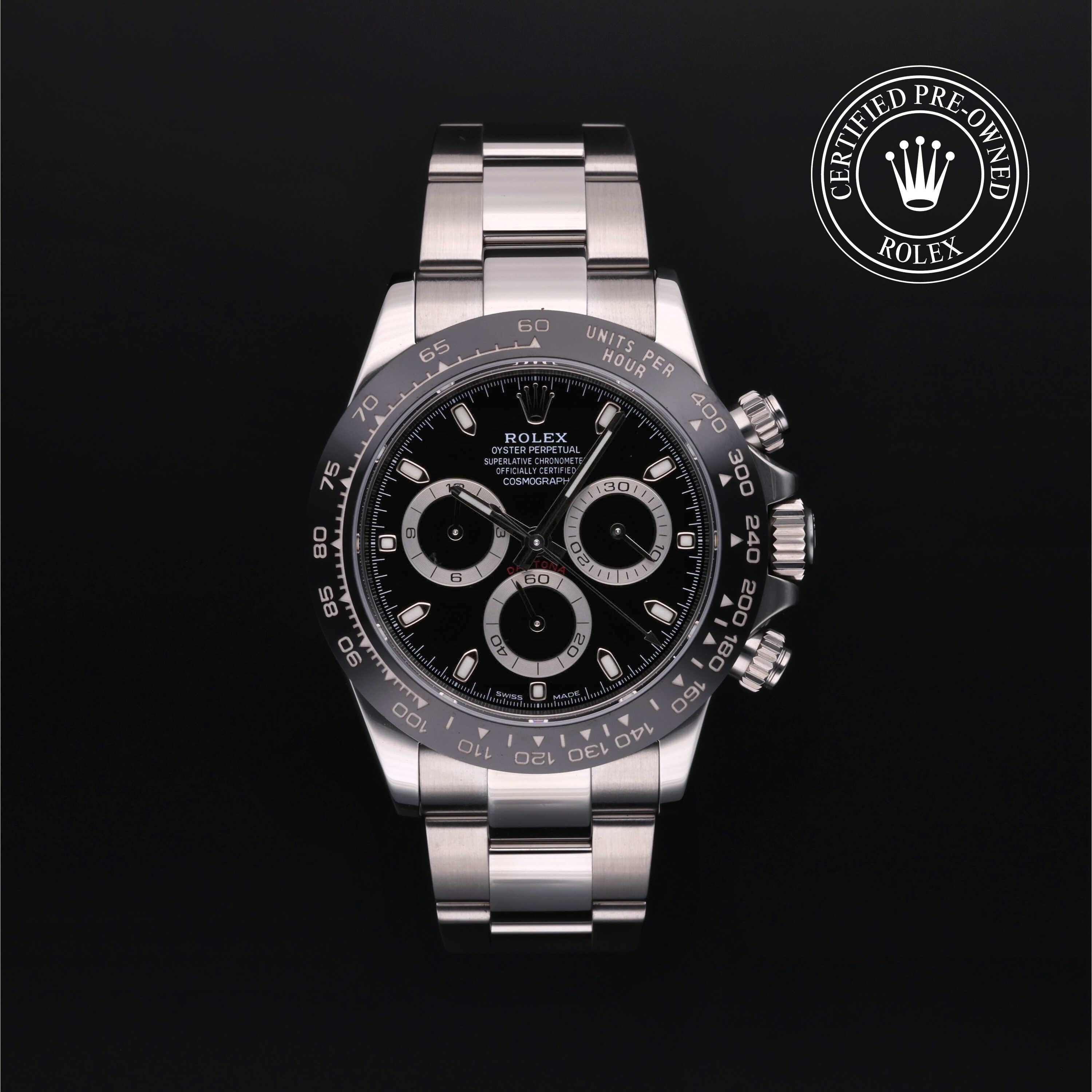 Rolex Certified Pre-owned Daytona M116500LN-0002 front on black background