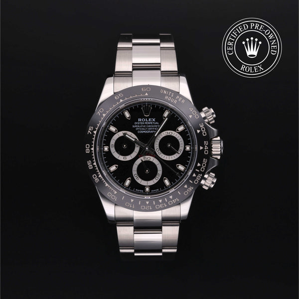 Rolex Certified Pre-owned Daytona M116500LN-0002 front on black background