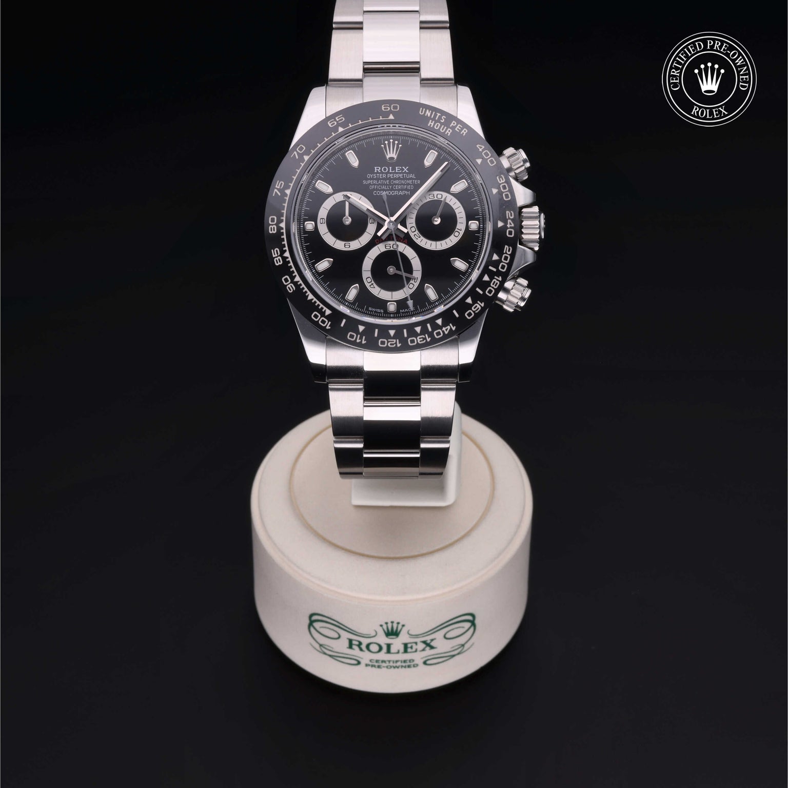 Rolex Certified Pre-owned Daytona M116500LN-0002 front on black background