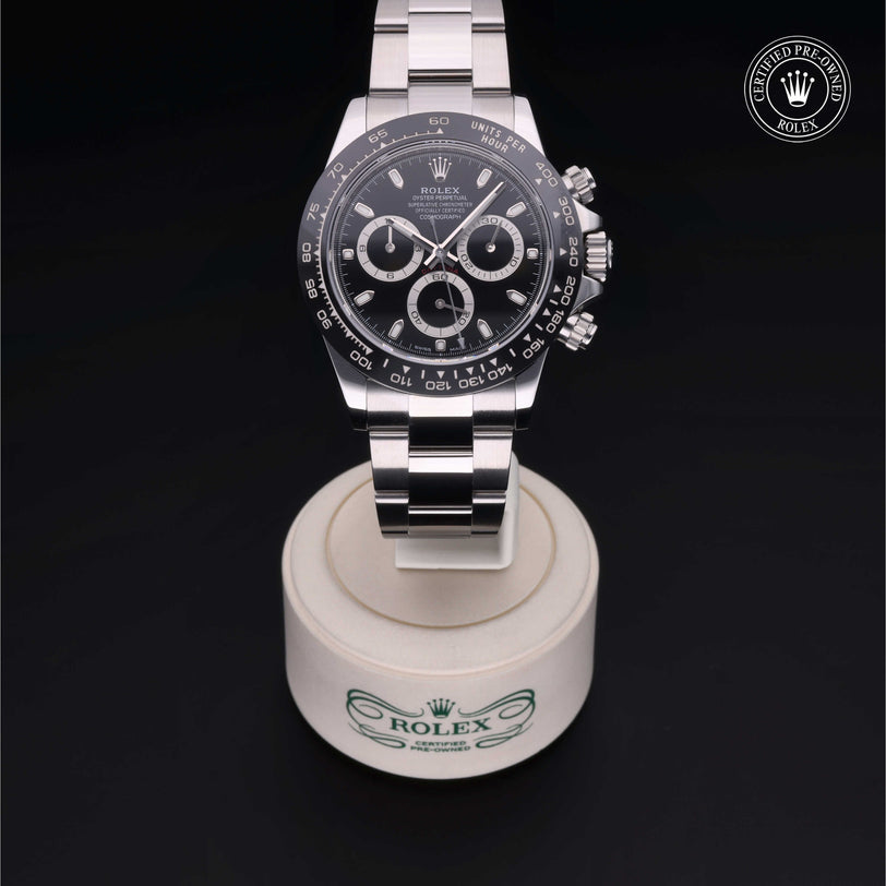 Rolex Certified Pre-owned Daytona M116500LN-0002 front on black background