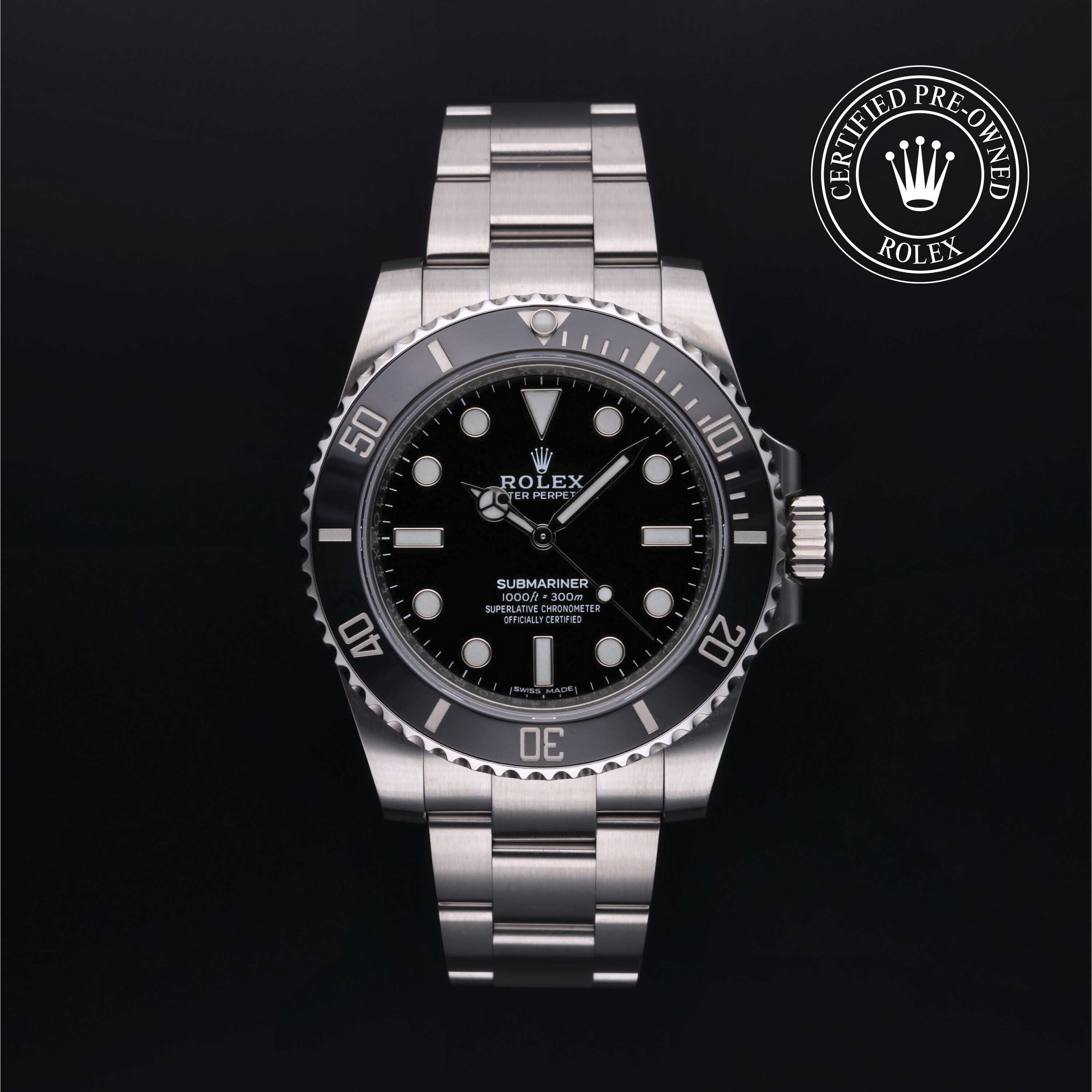 Rolex Certified Pre-owned Submariner Non Date M114060-0002 front on black background