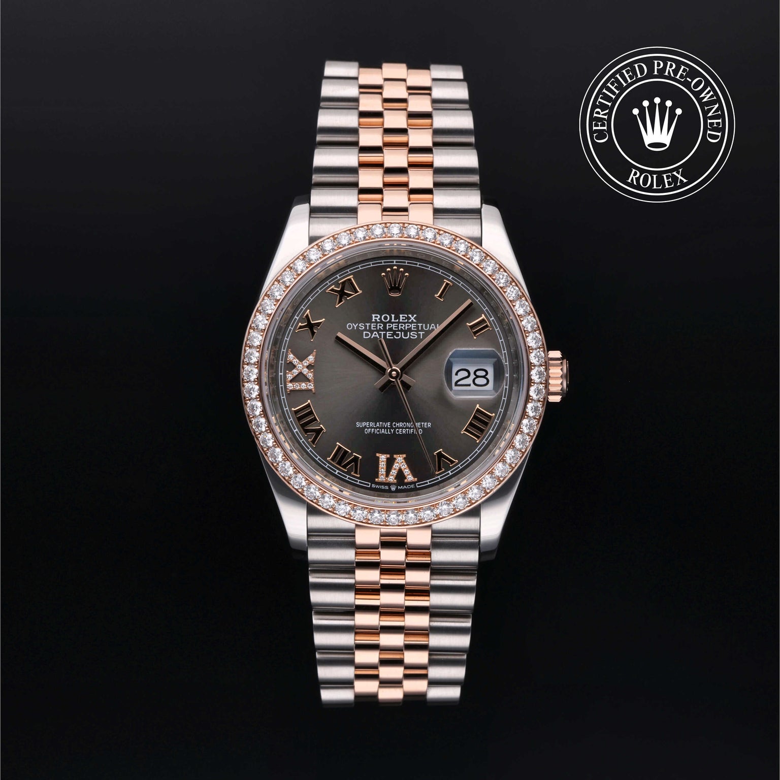 Rolex Certified Pre-owned Datejust M126281RBR-0011 front on black background