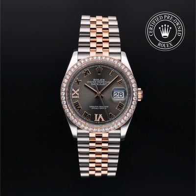 Rolex Certified Pre-owned Datejust M126281RBR-0011 front on black background