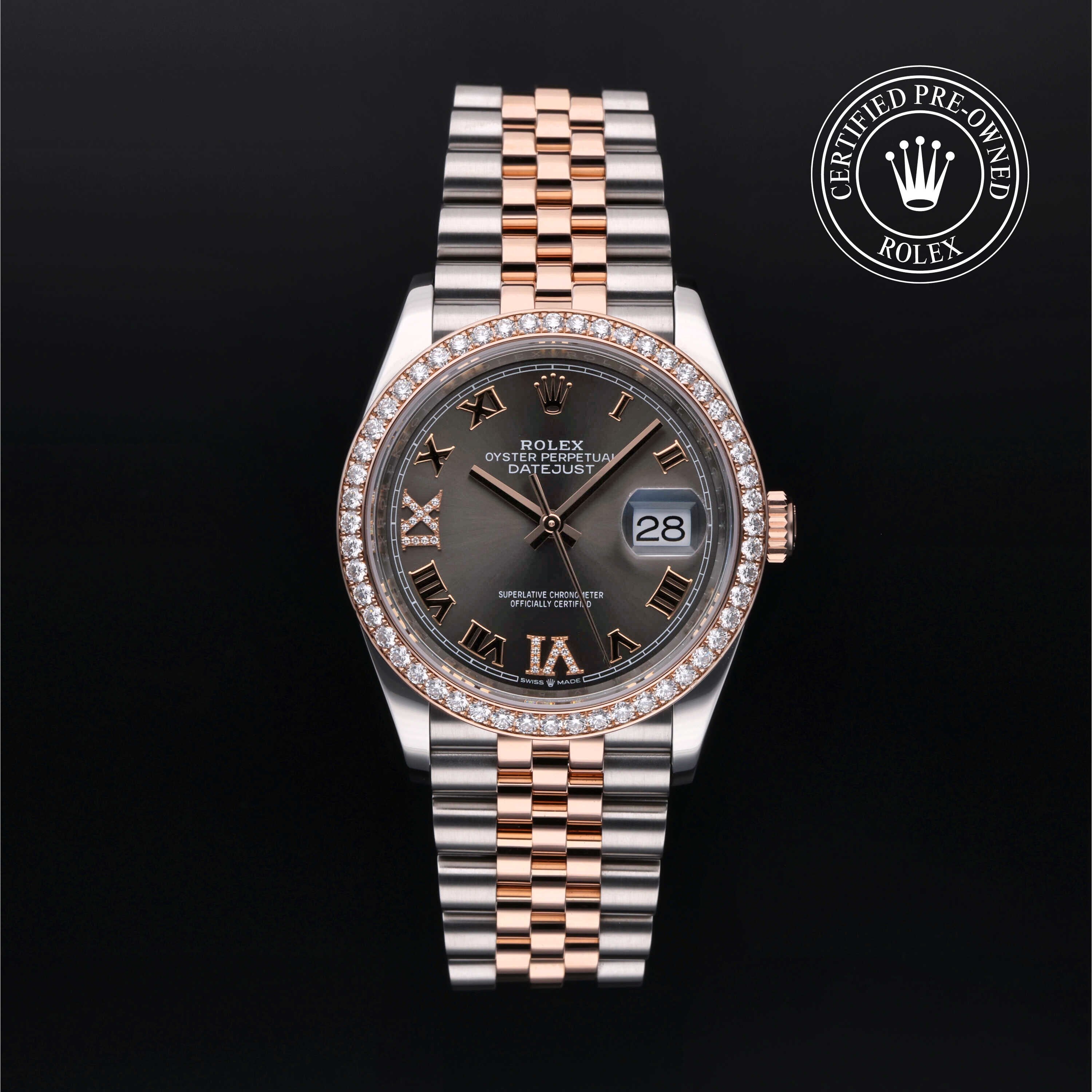 Rolex Certified Pre-owned Datejust M126281RBR-0011 front on black background